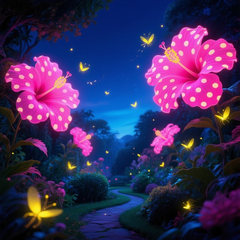 Night Garden Neon Pink Hibiscus Fireflies