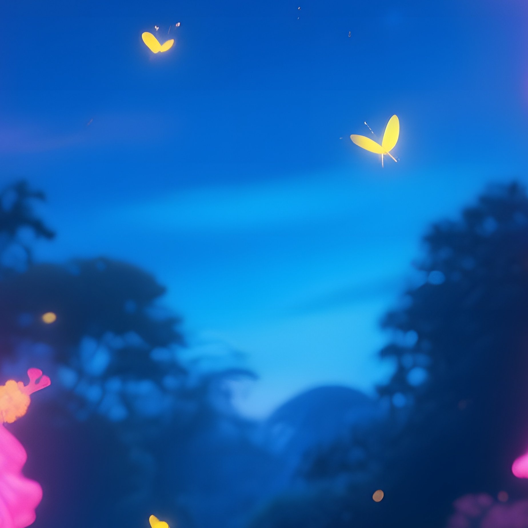 Night Garden Neon Pink Hibiscus Fireflies - Full Resolution Quality Preview