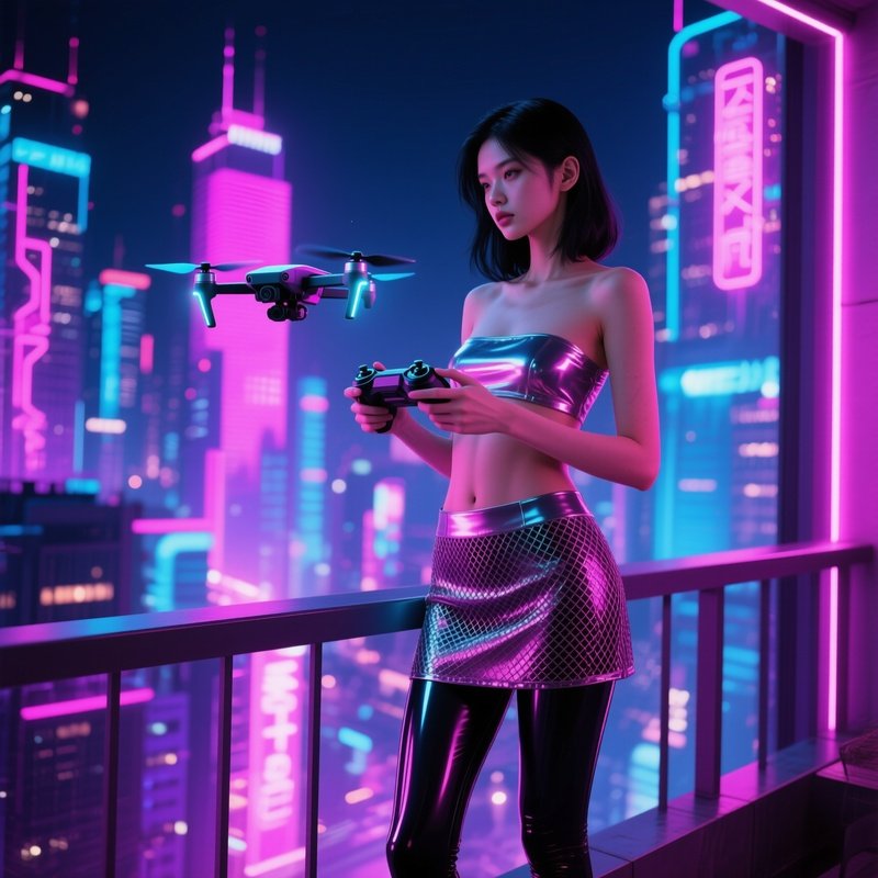 Night Time City Balcony Neon Signs Model Drone Controller
