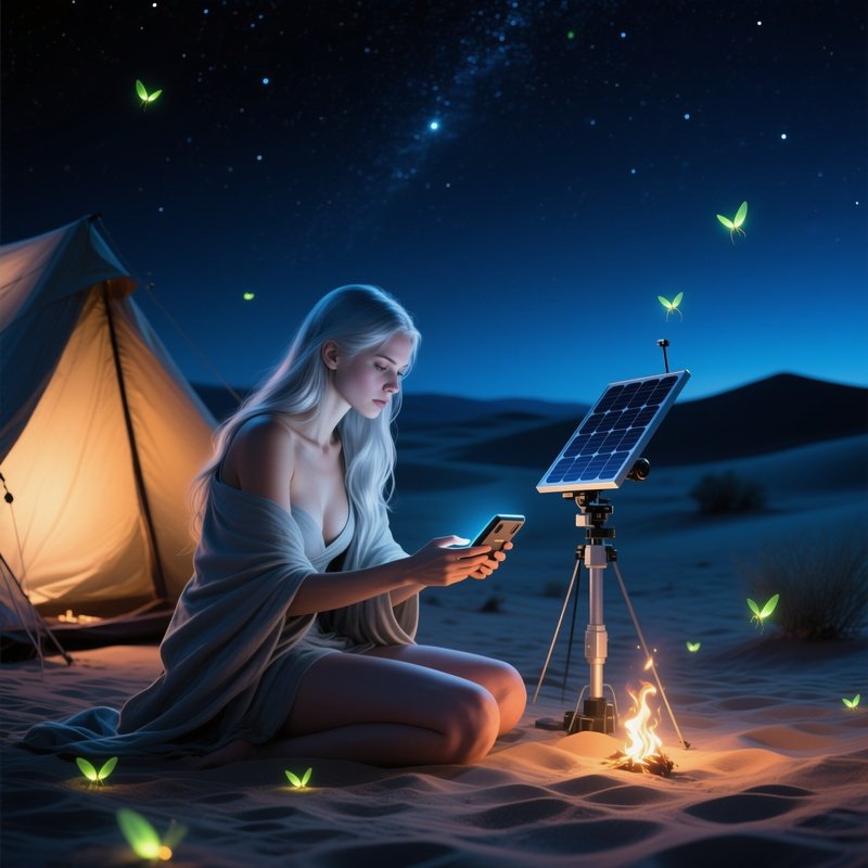 Nomadic Tech Woman Desert Night Camp