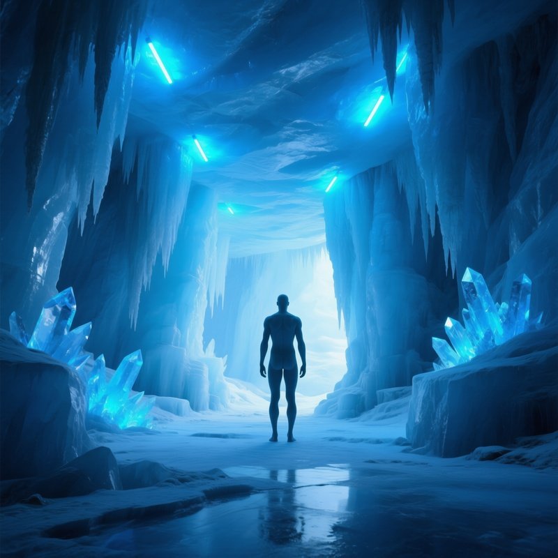 Nude Explorer In Icy Glacier Cave With Blue Leds