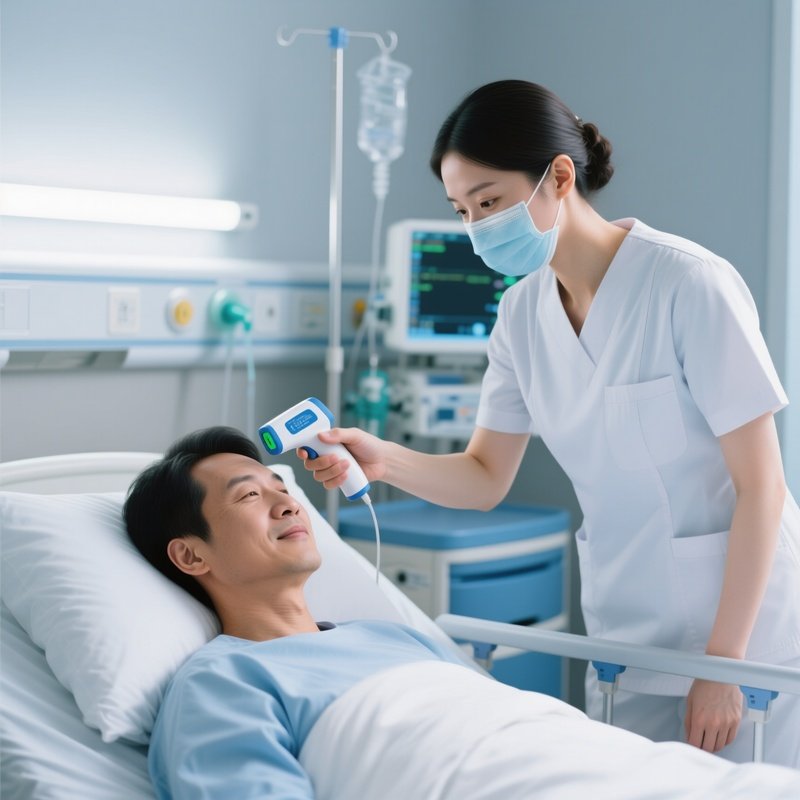 Nurse Taking Patients Temperature With Forehead Scanner