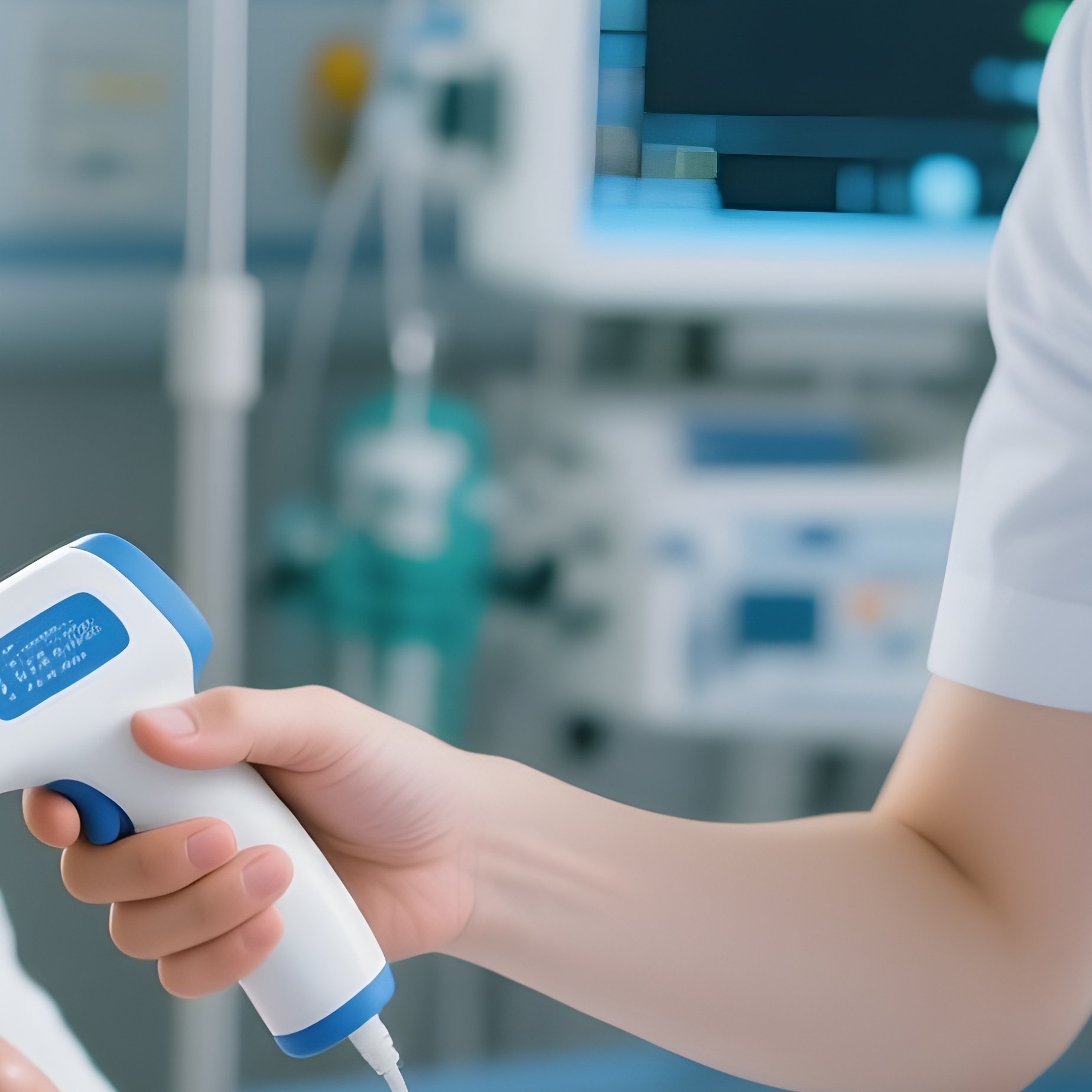 Nurse Taking Patients Temperature With Forehead Scanner - Full Resolution Quality Preview
