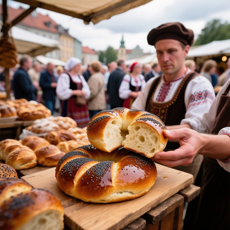 Obwarzanek Krakowski Braided Ring Shaped Bread Covered In Poppy Seeds On Market