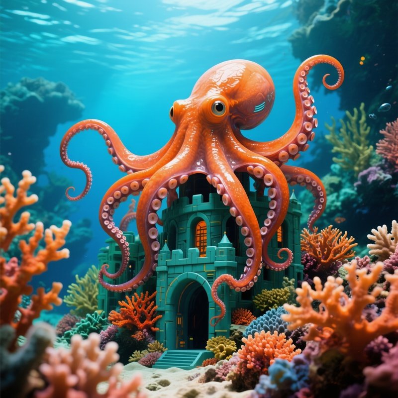 Octopuses Building Coral Fortress Digital Art