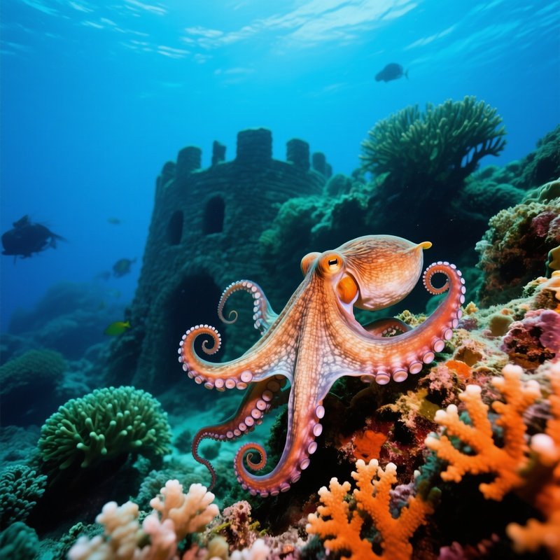 Octopuses Building Coral Fortress Photography
