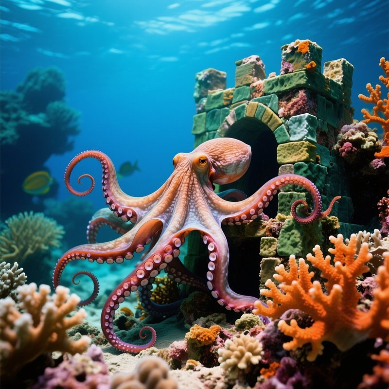 Octopuses Building Coral Fortress Still Life