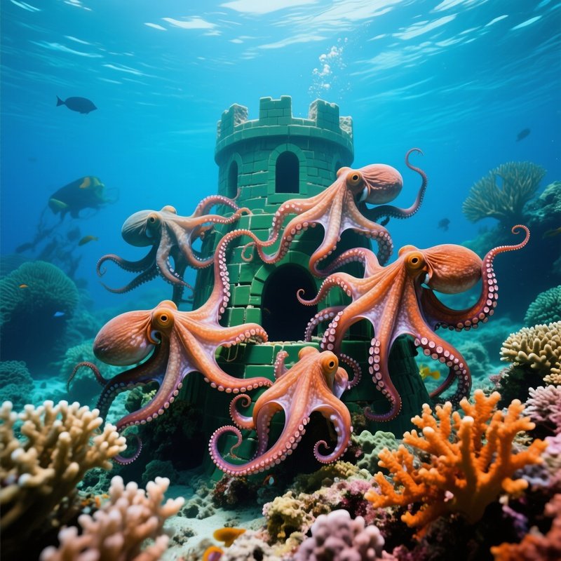 Octopuses Building Coral Fortress Underwater