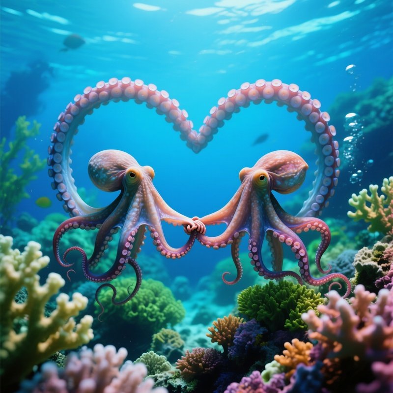 Octopuses Holding Hands In Aqua Heart Corals