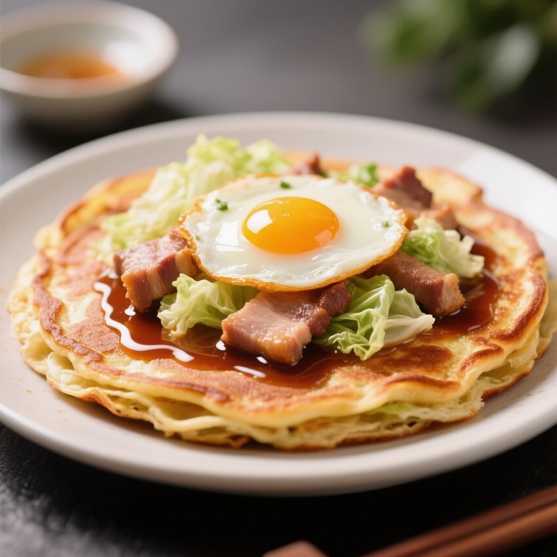 Okonomiyaki Savory Pancake With Cabbage, Pork, Egg, And Sweet Sauce