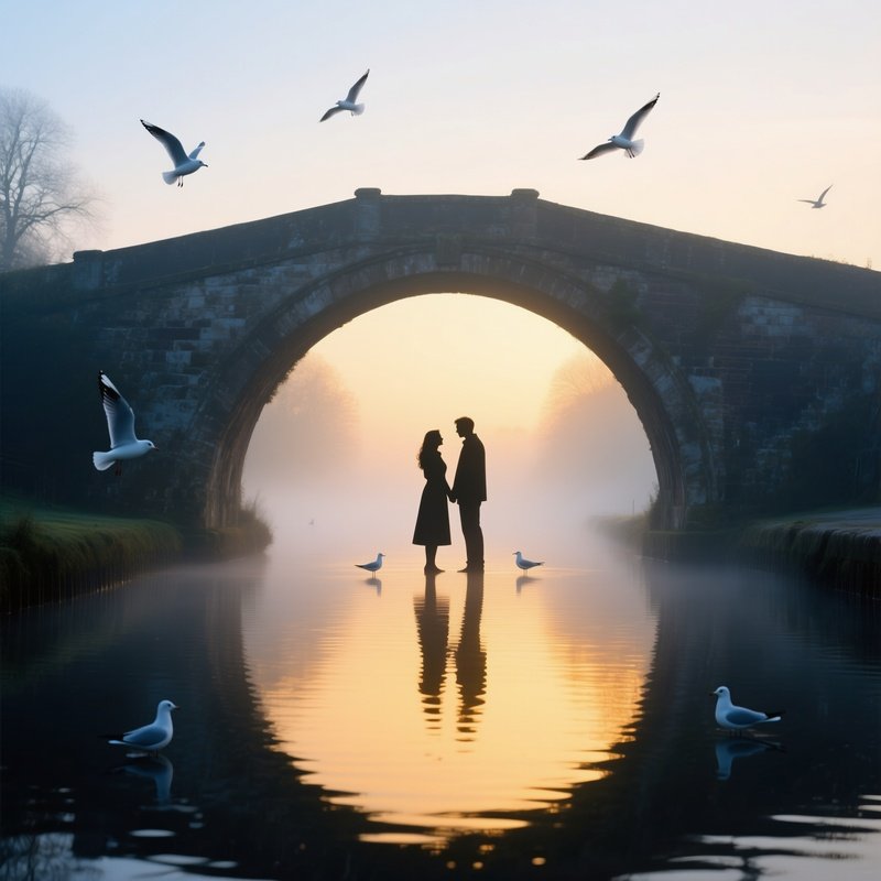 Old European Bridge Misty Canal Sunrise Lovers Reflections Gulls