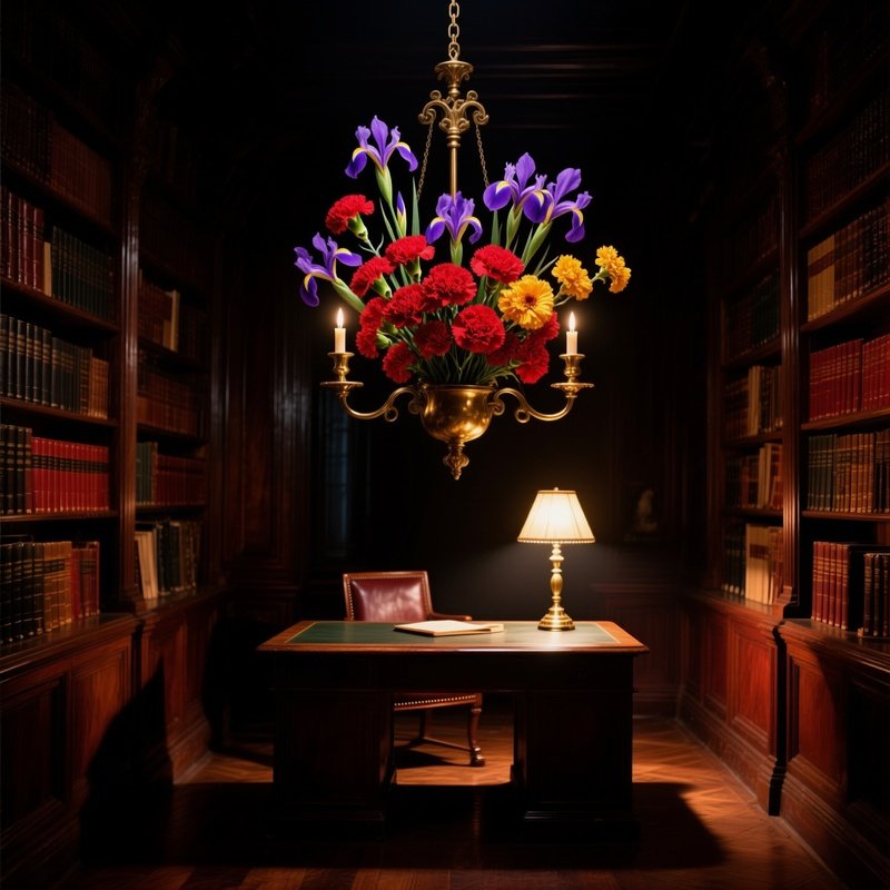 Old Library Study With Brass Candelabrum And Flowers