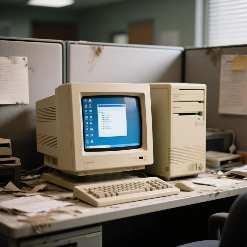 Old Pc: A Beige, Vintage 1990S Computer Monitor And Tower Sitting On A Desk In A Neglected Back Office, Showing A Legacy Software Screen.