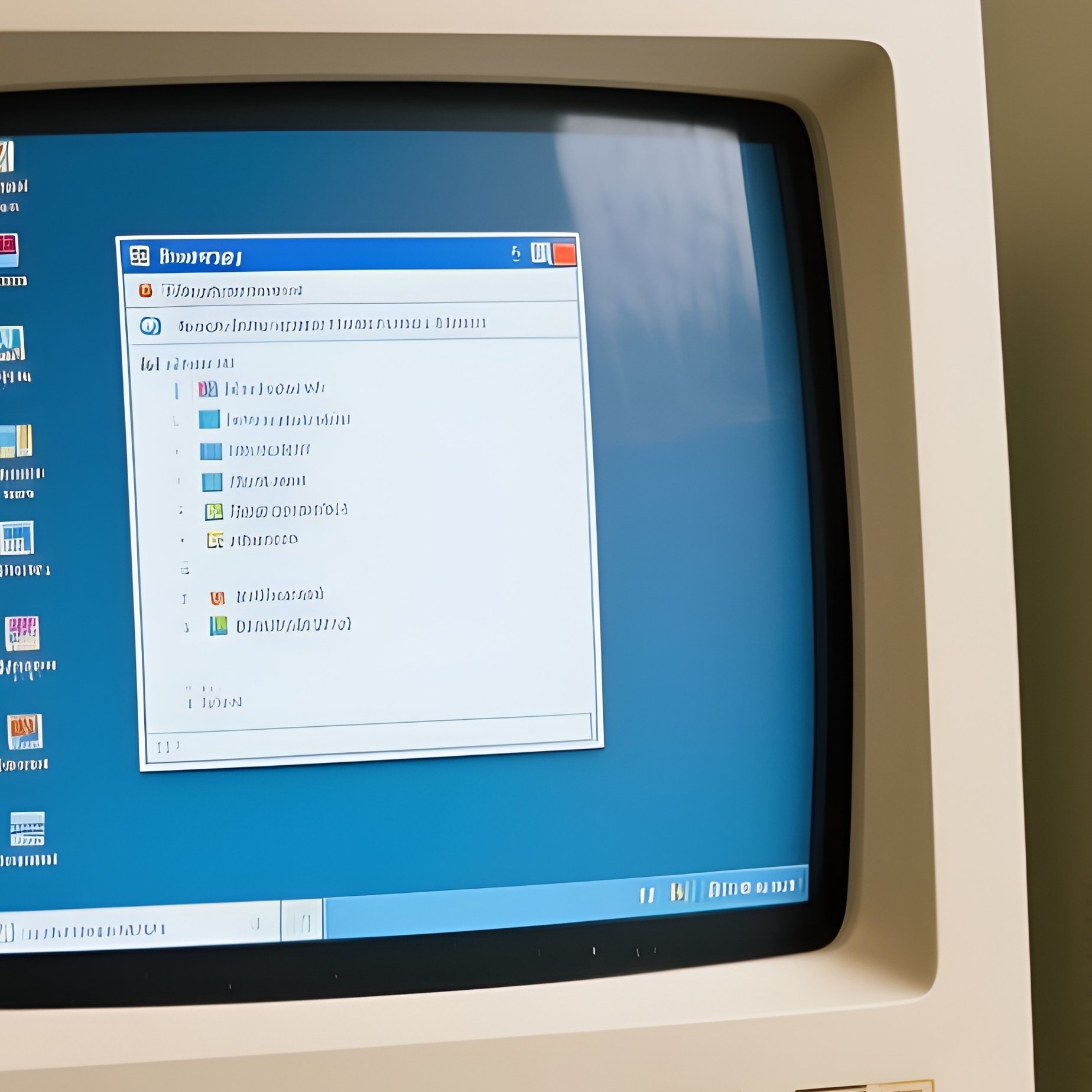 Old Pc: A Beige, Vintage 1990S Computer Monitor And Tower Sitting On A Desk In A Neglected Back Office, Showing A Legacy Software Screen. - Full Resolution Quality Preview