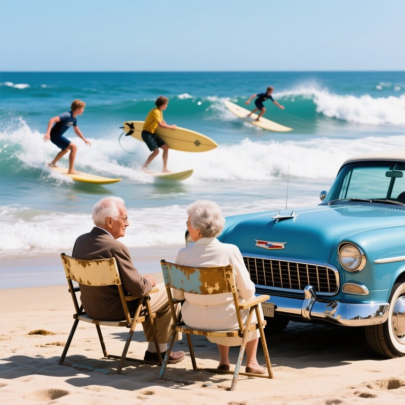 Old School Cool Elderly Couple Vintage Car Surfers