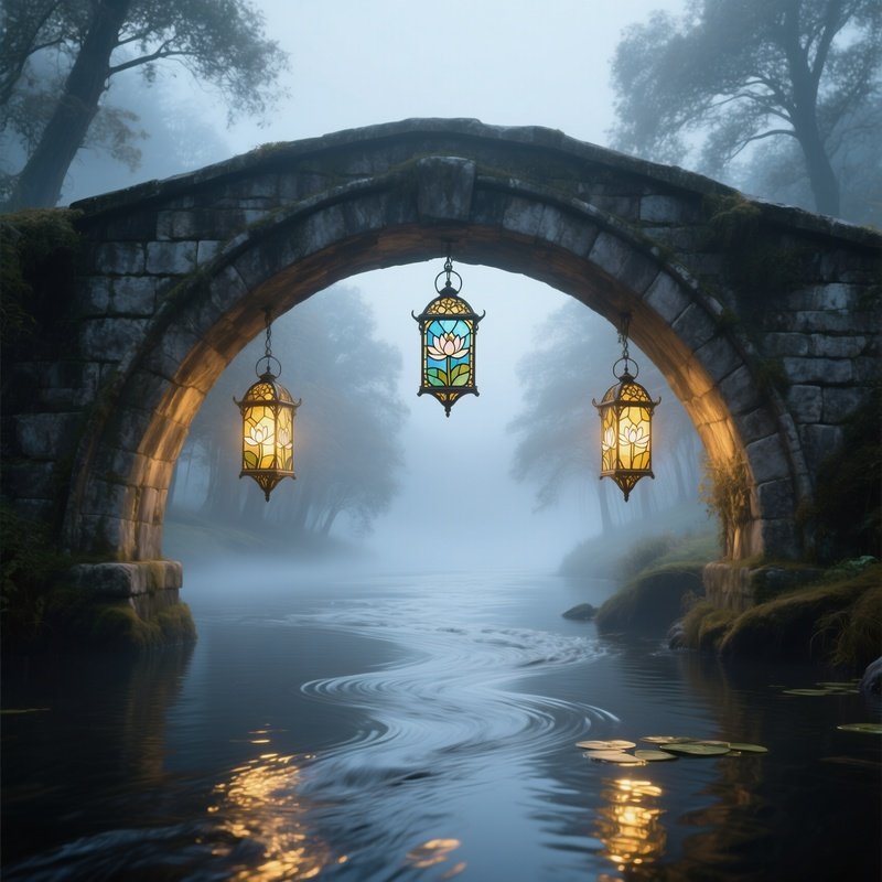 Old Stone Bridge Misty River Lanterns Stained Glass Water Lilies