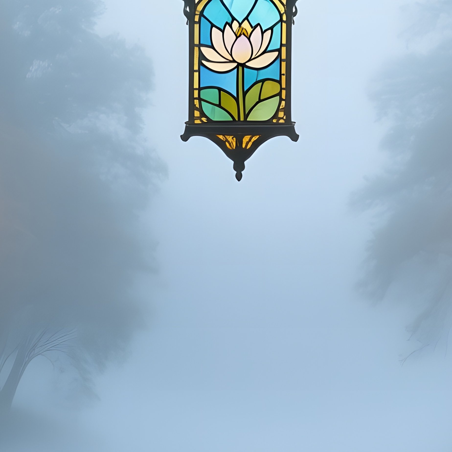 Old Stone Bridge Misty River Lanterns Stained Glass Water Lilies - Full Resolution Quality Preview