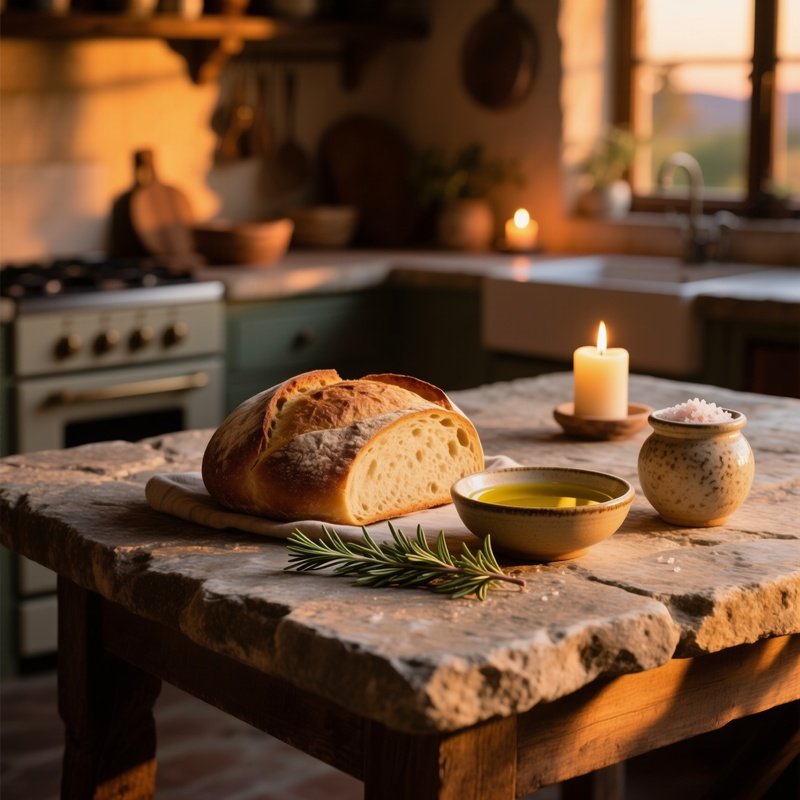 Old Stone Kitchen Table At Dusk With Bread Olive Oil Rosemary Salt Candlelight