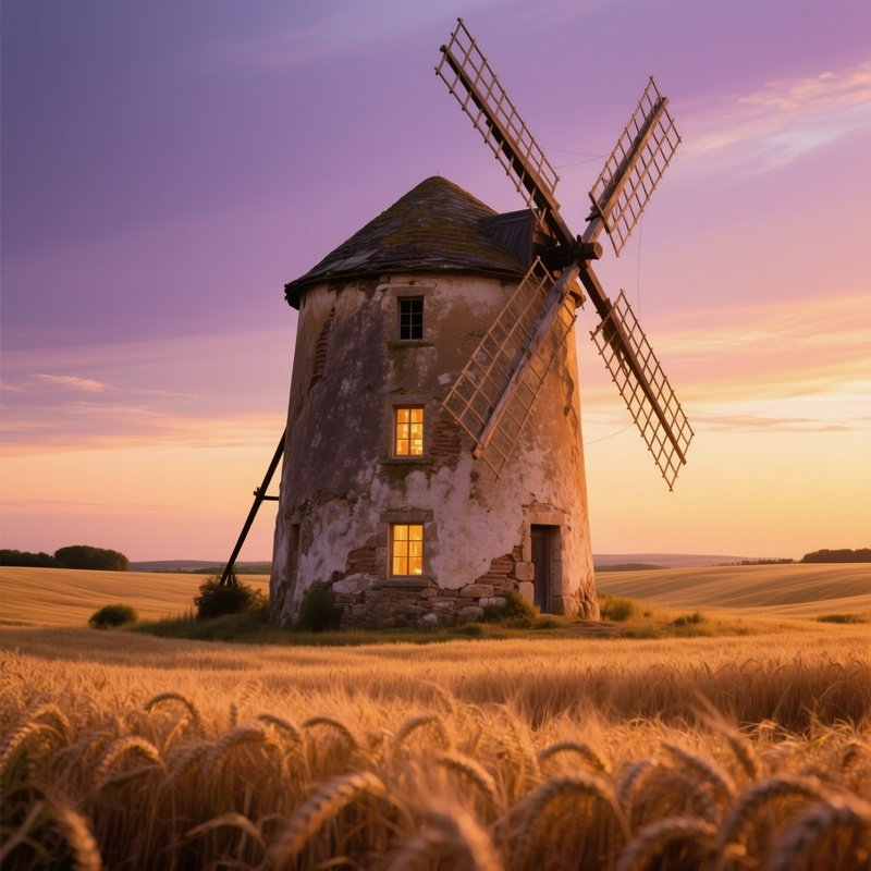 Old Stone Windmill In Golden Wheat Fields At Dusk