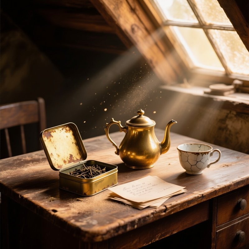 Old Wooden Desk In Sunlit Attic