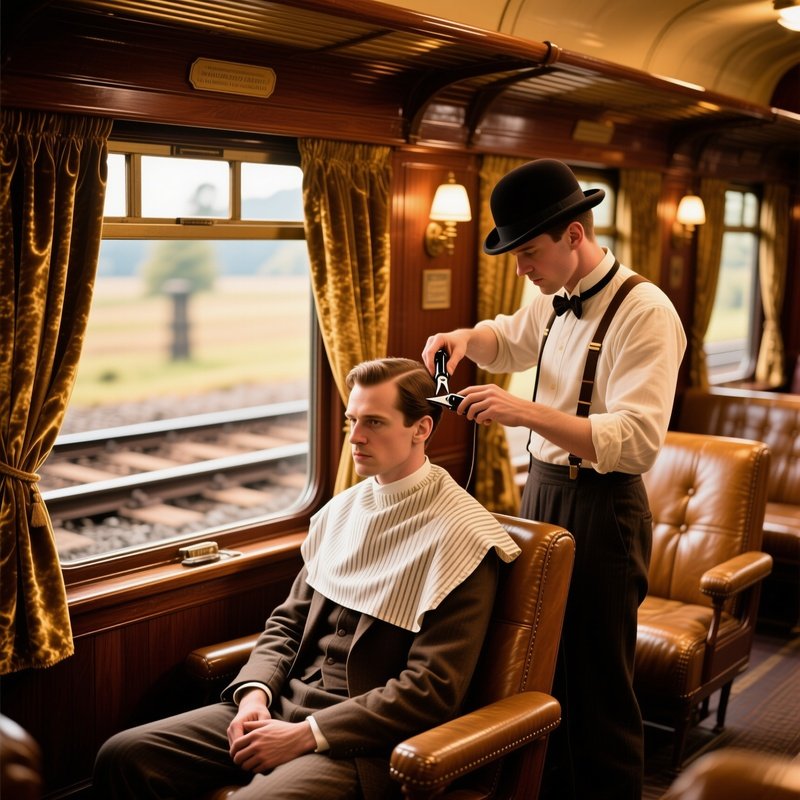 Old World Train Carriage With Traveling Barber