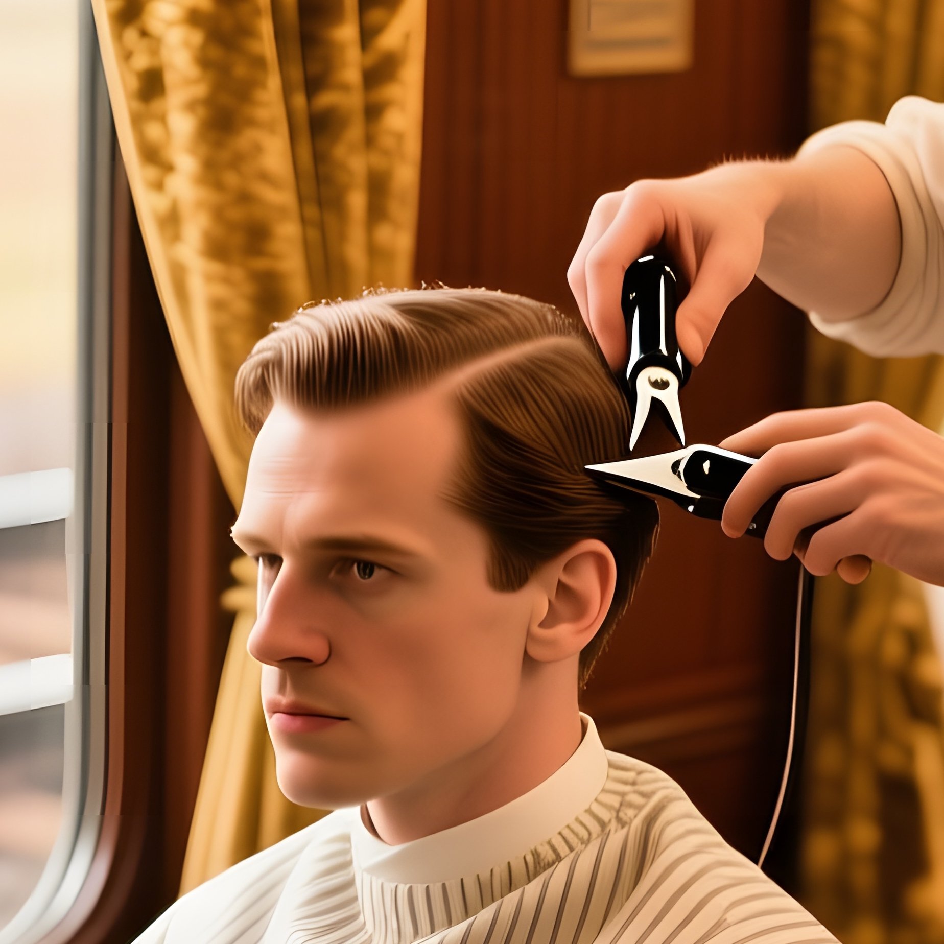 Old World Train Carriage With Traveling Barber - Full Resolution Quality Preview
