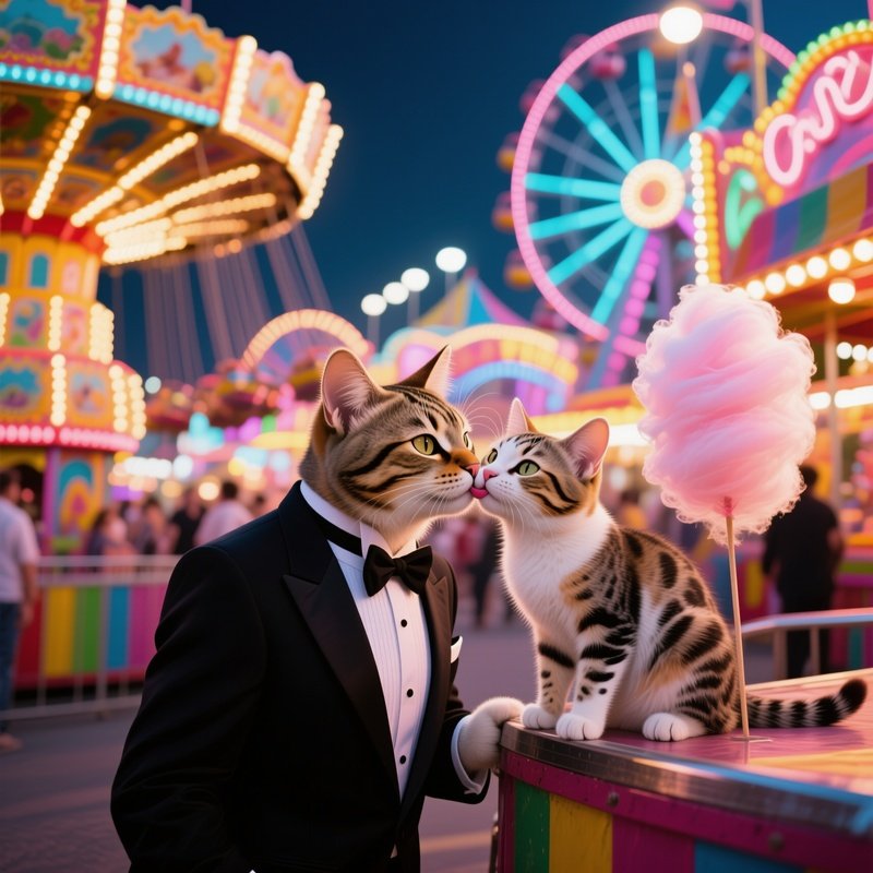 On A Bustling Carnival Midway, A Tuxedo Cat Kisses A Spotted Kitten Near Colorful Rides, Neon