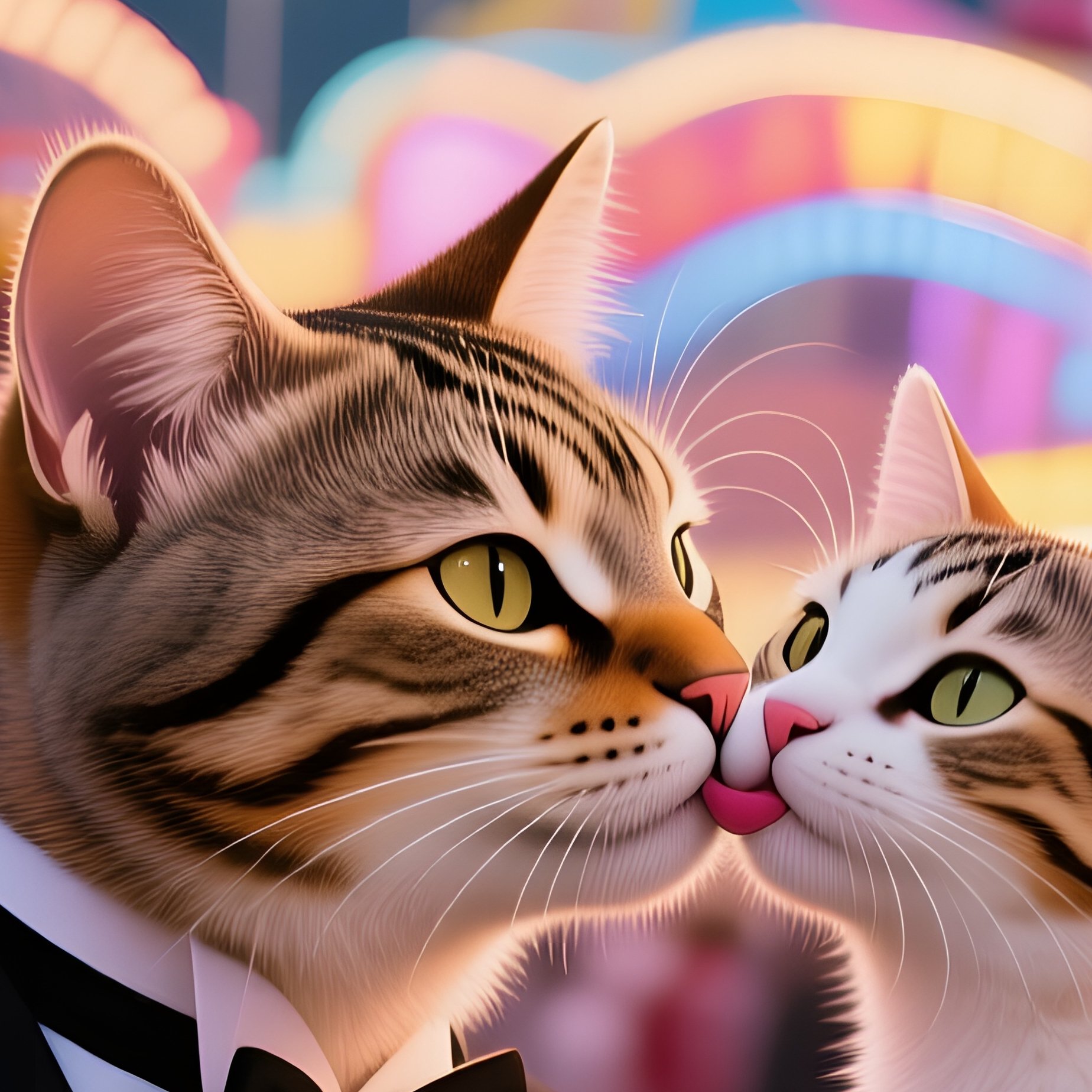 On A Bustling Carnival Midway, A Tuxedo Cat Kisses A Spotted Kitten Near Colorful Rides, Neon - Full Resolution Quality Preview