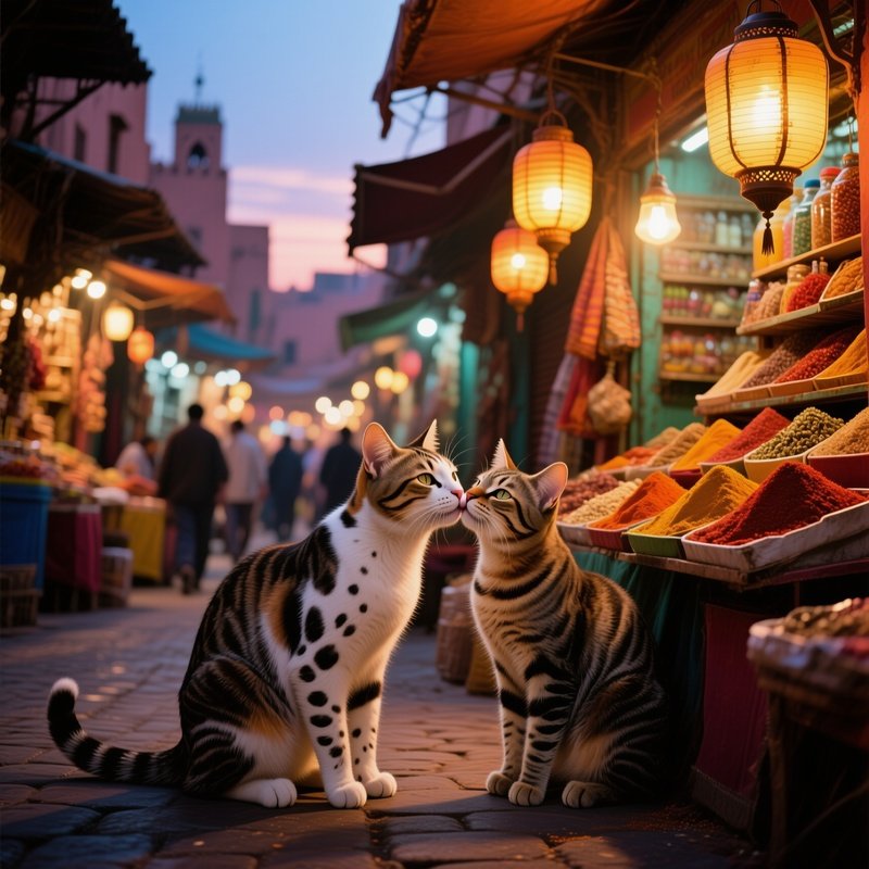 On A Bustling Market Street In Marrakech, A Spotted Cat Kisses A Striped Cat Near Vibrant Spice