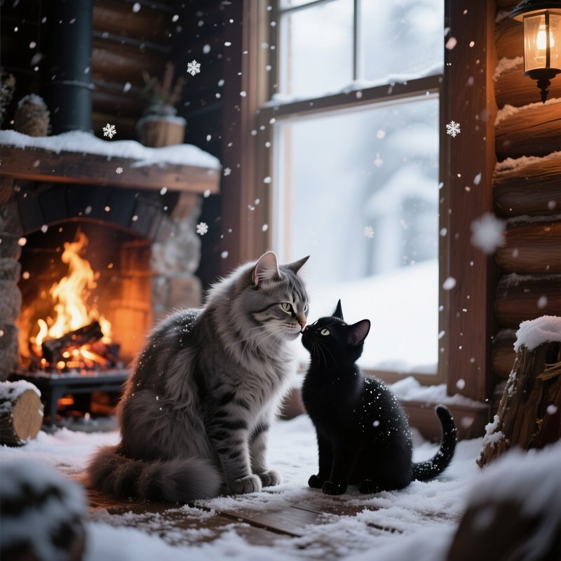 On A Cozy Winter Cabin Porch, A Fluffy Gray Cat Kisses A Black Kitten While Snowflakes Drift Down