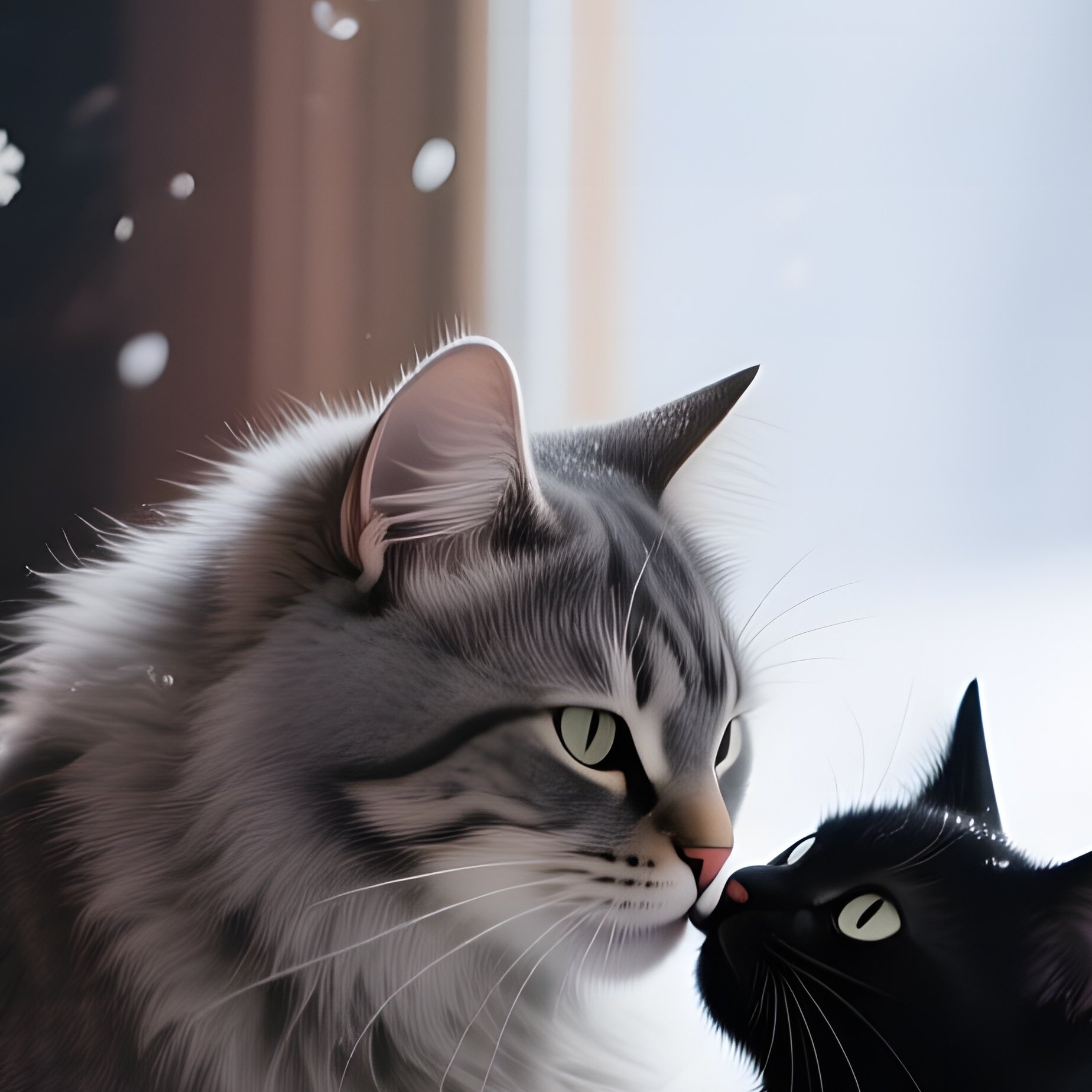 On A Cozy Winter Cabin Porch, A Fluffy Gray Cat Kisses A Black Kitten While Snowflakes Drift Down - Full Resolution Quality Preview