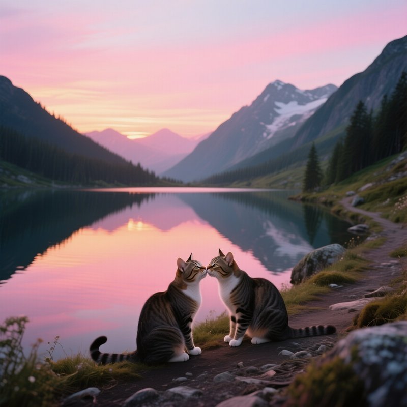On A Quiet Mountain Trail At Sunrise, Two Cats Share A Gentle Kiss Beside A Crystal‑Clear Alpine