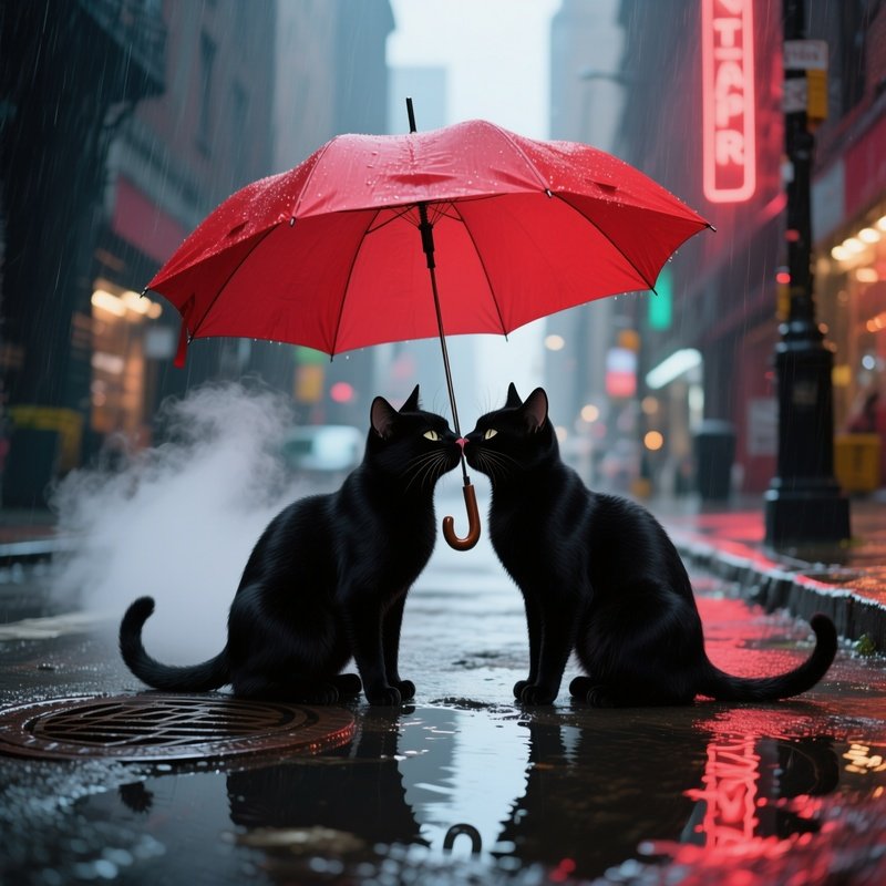 On A Rainy City Street, Two Sleek Black Cats Exchange A Quick Kiss Under A Red Umbrella, Neon