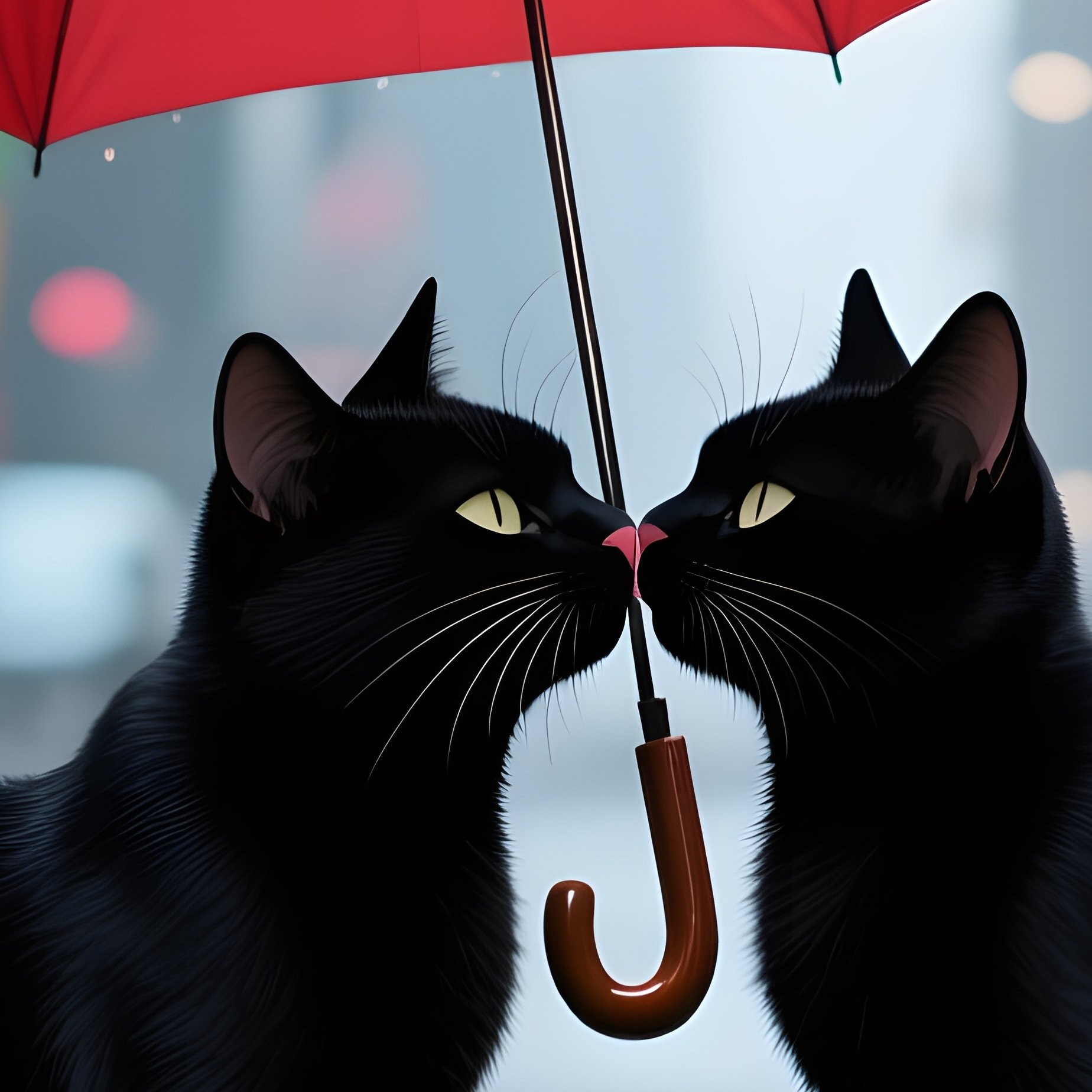 On A Rainy City Street, Two Sleek Black Cats Exchange A Quick Kiss Under A Red Umbrella, Neon - Full Resolution Quality Preview