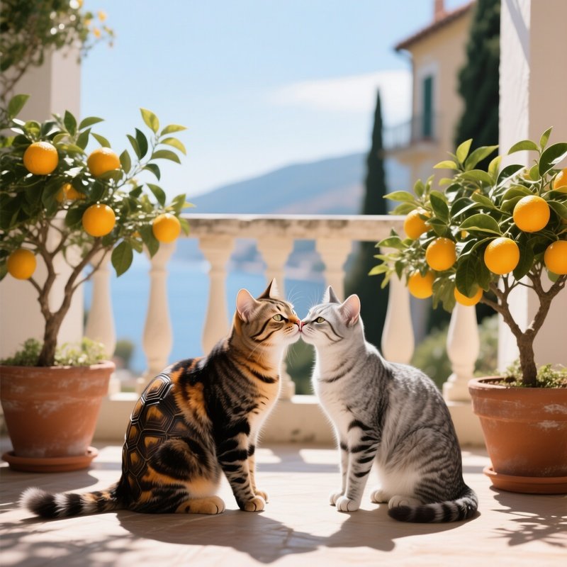 On A Sun‑Drenched Mediterranean Balcony, A Tortoiseshell Cat Kisses A Sleek Silver Cat While Potted