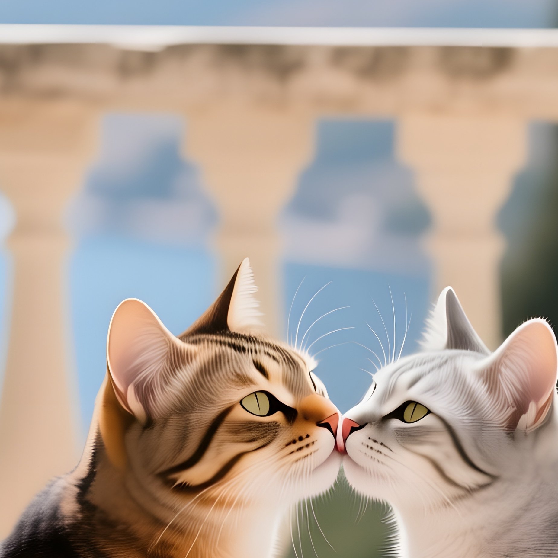On A Sun‑Drenched Mediterranean Balcony, A Tortoiseshell Cat Kisses A Sleek Silver Cat While Potted - Full Resolution Quality Preview