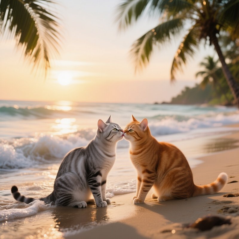 On A Tropical Beach At Golden Hour, A Sleek Silver Cat Kisses A Ginger Cat As Waves Lap The Shore