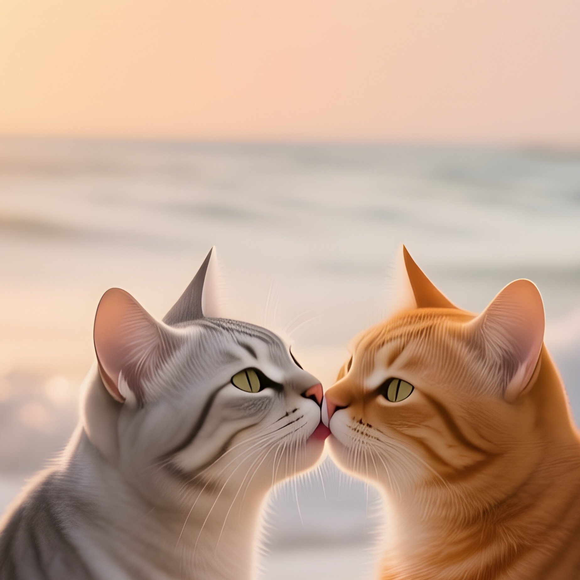 On A Tropical Beach At Golden Hour, A Sleek Silver Cat Kisses A Ginger Cat As Waves Lap The Shore - Full Resolution Quality Preview