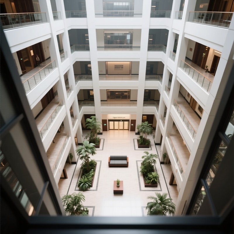 Open Atrium: A View Looking Down From The Top Floor Into A Large Central Atrium With A Lobby And Plants Far Below.