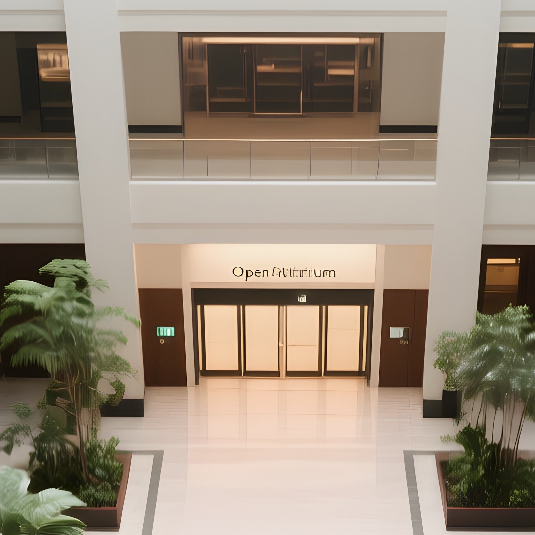 Open Atrium: A View Looking Down From The Top Floor Into A Large Central Atrium With A Lobby And Plants Far Below. - Full Resolution Quality Preview
