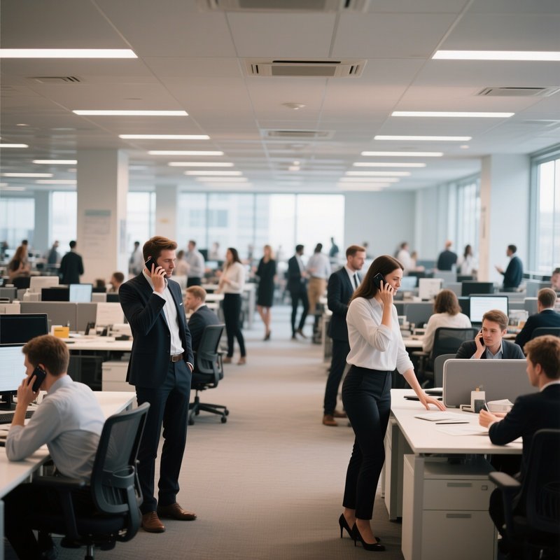 Open Plan Noise: A Wide Shot Of A Busy Open Plan Office With Employees On Phones, Standing At Desks, And Collaborating, Conveying A Sense Of Bustling Energy.