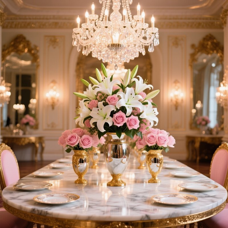 Opulent Ballroom Chandelier With Marble Table And Floral Centerpiece