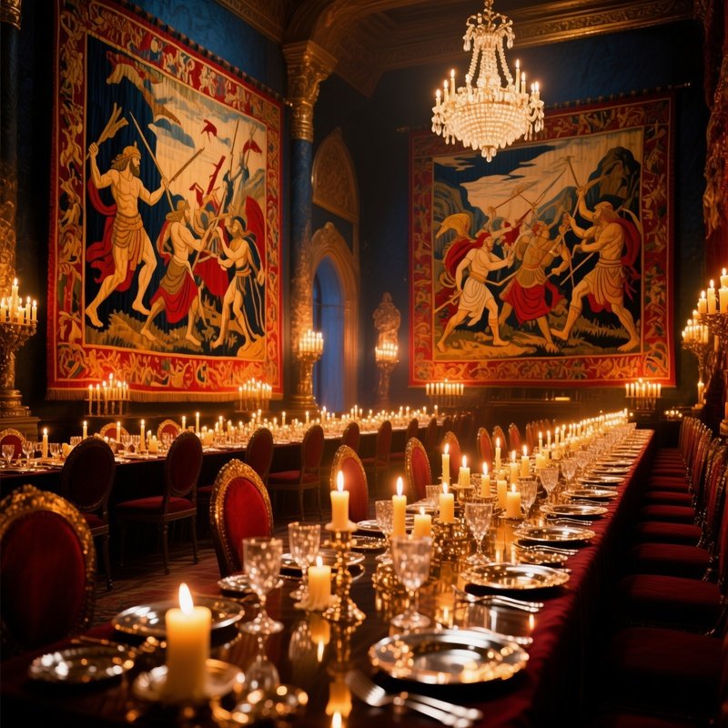 Opulent Banquet Hall At Night With Tapestries And Candlelight