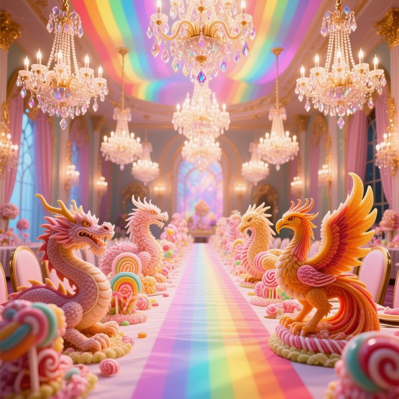 Opulent Banquet Hall With Sugar Chandeliers And Mythic Sculptures