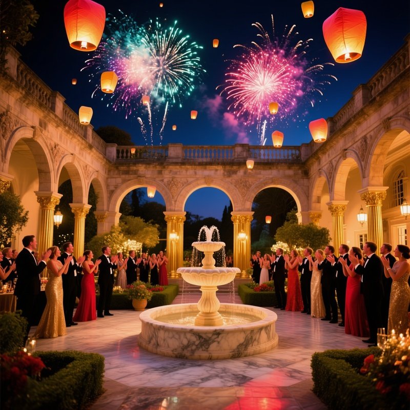 Opulent Courtyard Fireworks Lanterns Fountain Guests