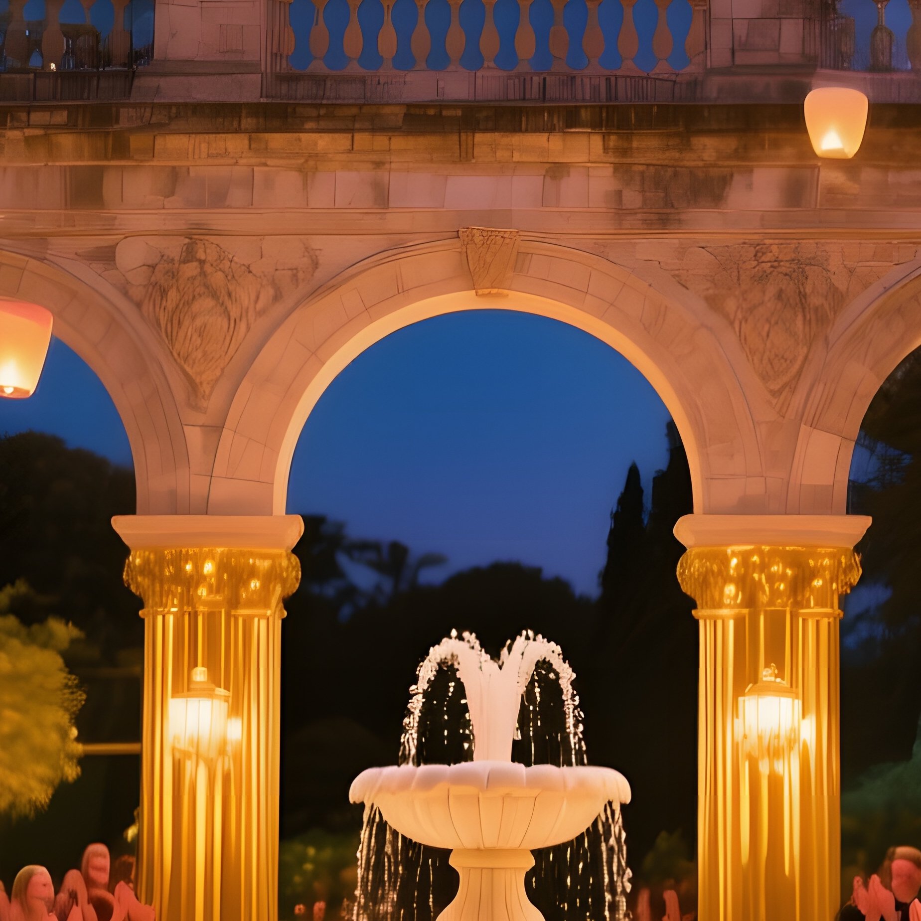 Opulent Courtyard Fireworks Lanterns Fountain Guests - Full Resolution Quality Preview