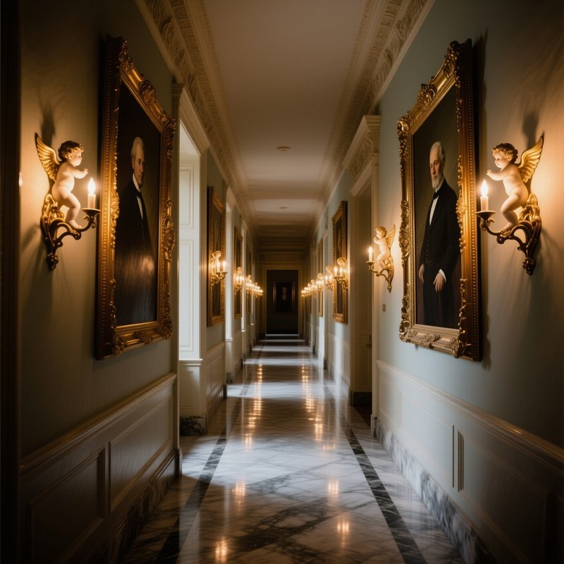 Opulent Hallway Portraits Cherub Sconces
