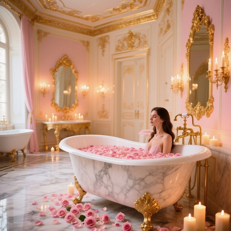 Opulent Palace Bathroom With Marble Bathtub Female Model Soaking In Rose Petals Candlelight
