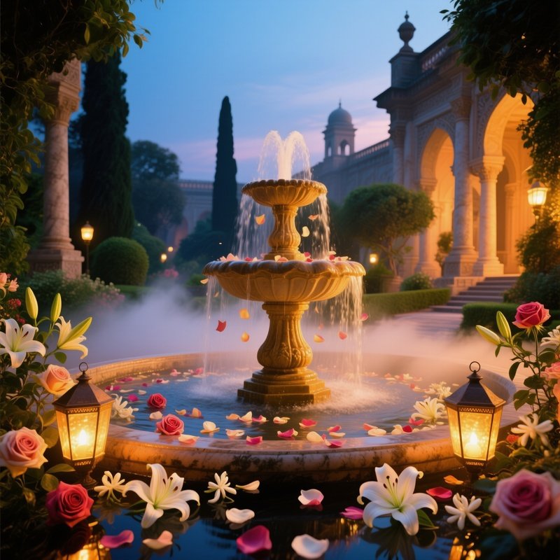Opulent Palace Garden Fountain At Twilight