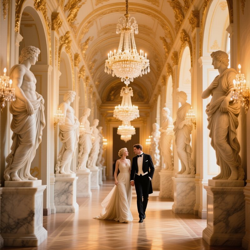 Opulent Palace Hallway Marble Statues Chandeliers Couple Formal Attire